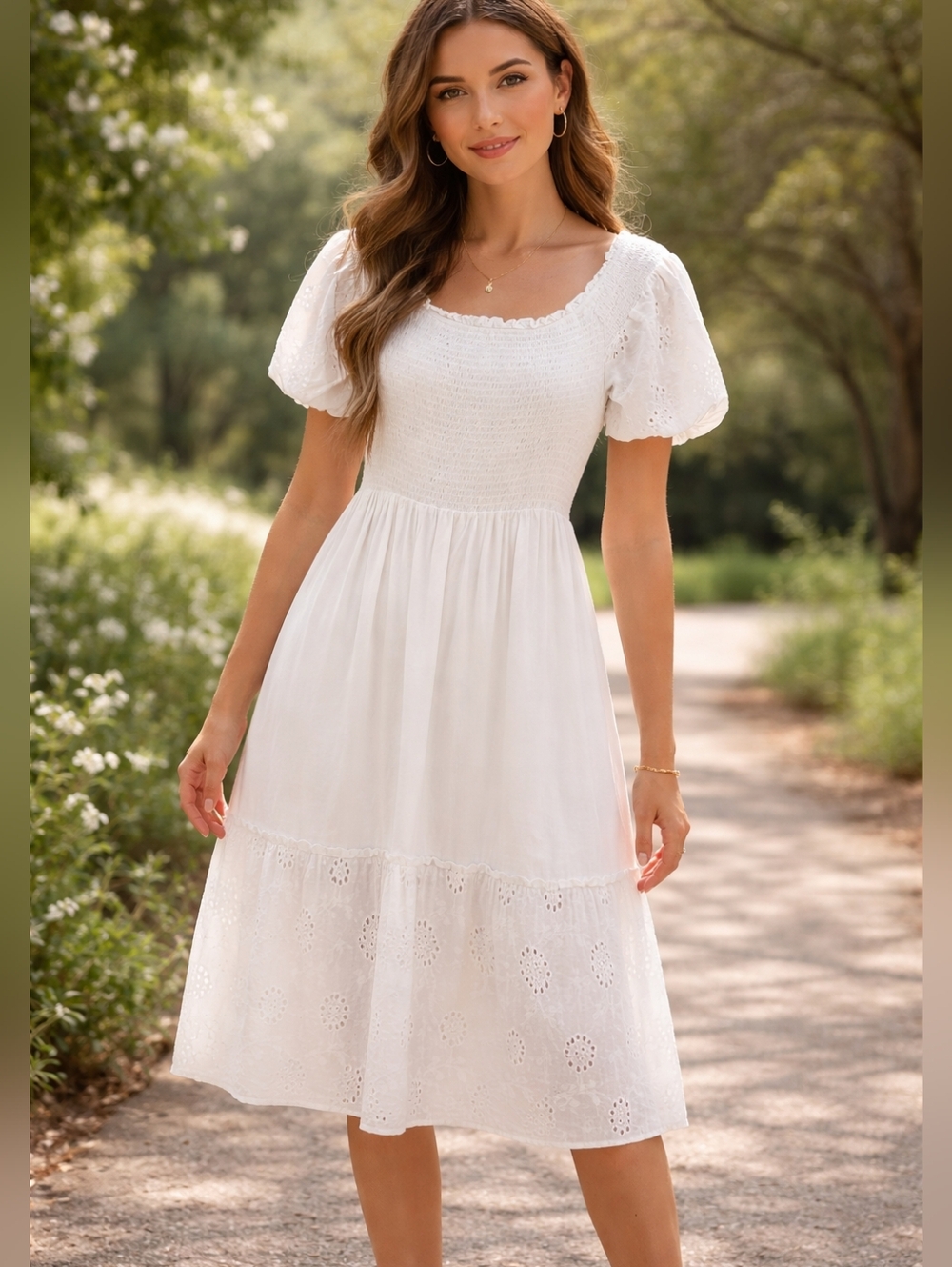 Simplee White Smocked Layered Midi Milkmaid Dress Eyelet Hem Puff Sleeves Sz M
